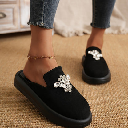 Round Toe Thick-soled Slippers With Rhinestones Fashion Closed-toe Slides Indoor Outdoor Non-slip Slipper For Women