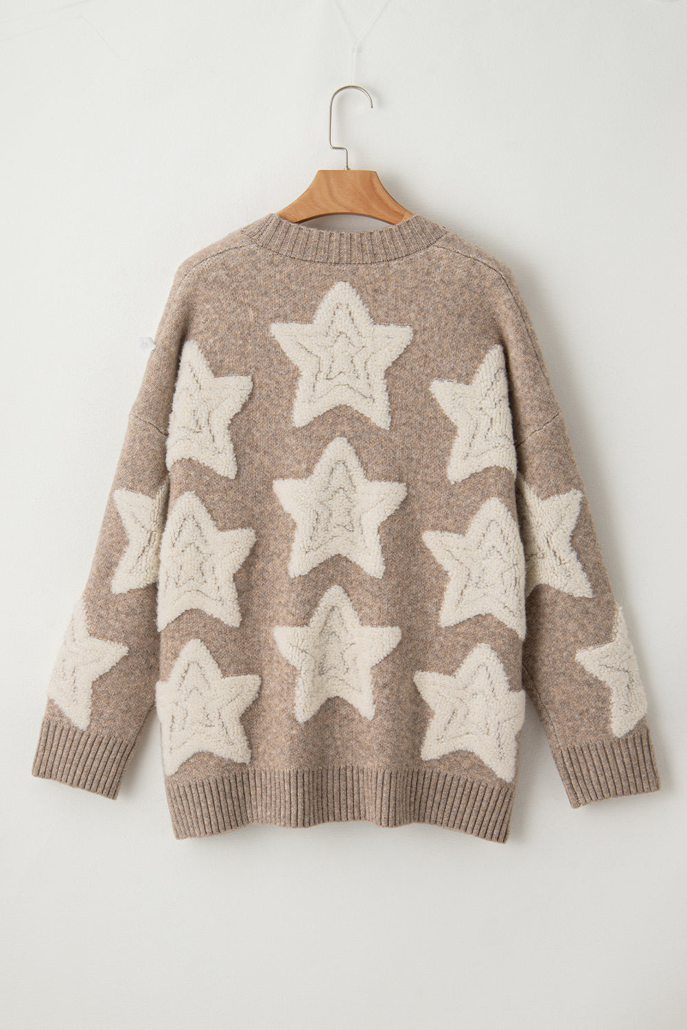 Pink Sherpa Star Pattern Textured Sweater Cardigan with Pockets