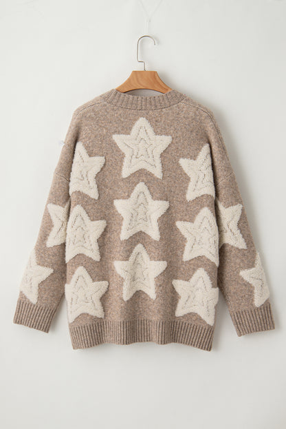 Pink Sherpa Star Pattern Textured Sweater Cardigan with Pockets