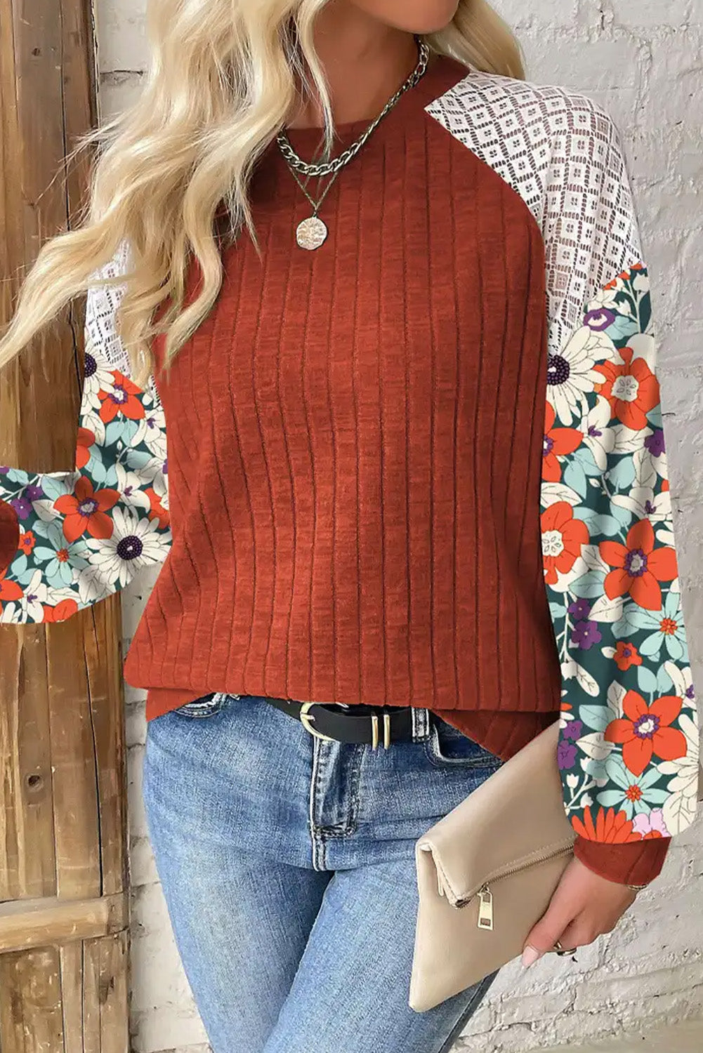 Black Floral Patchwork Long Sleeve Ribbed Blouse