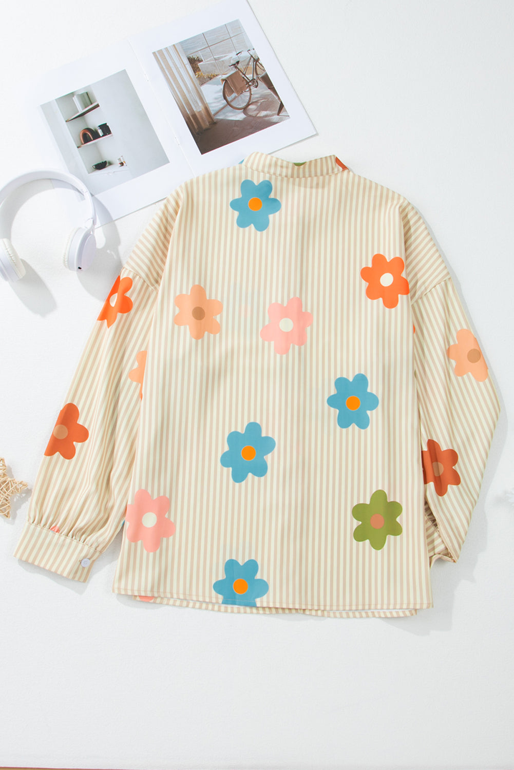 Apricot Stripe Flower Print Collared Button-up Loose Fit Shirt