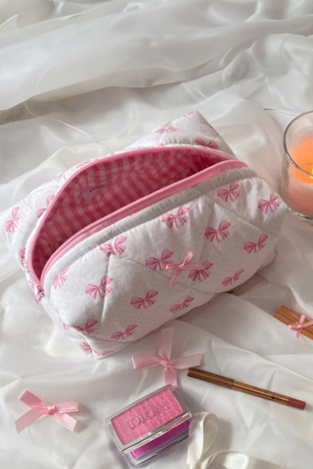 Pink Bow Knot Quilted Zipper Makeup Bag