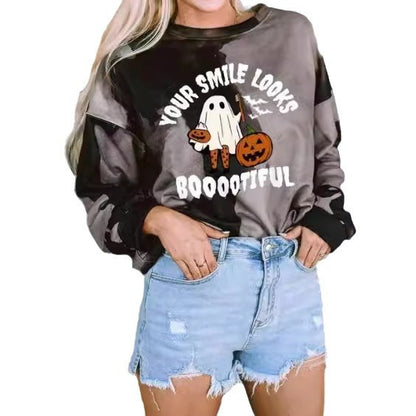 Women's Halloween Ghost Pattern Round-neck Sweater