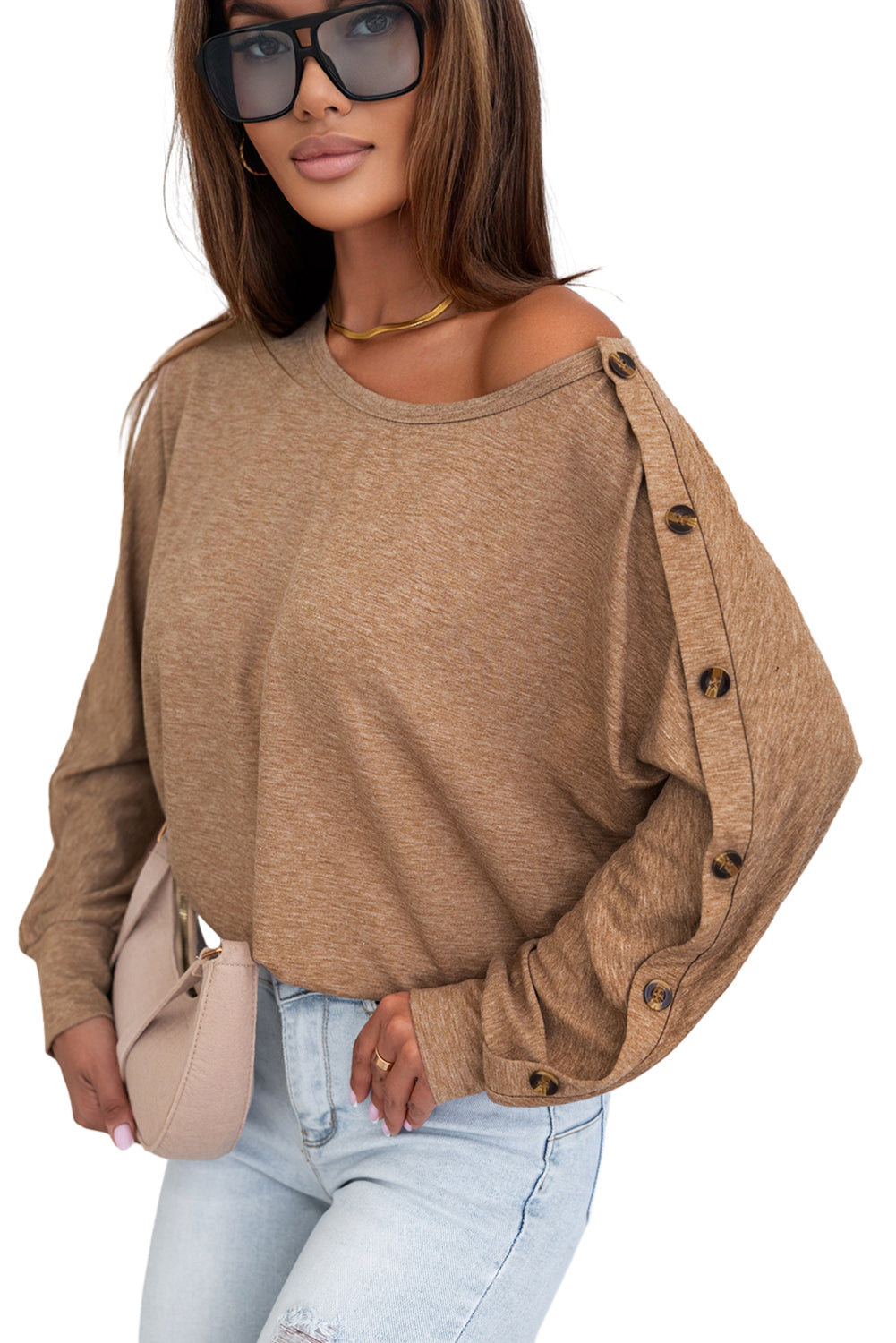 Gray Solid Color Button Decor Dolman Sleeve Top