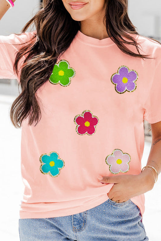 Pink Glittering Chenille Flower Patched Pattern Crewneck T Shirt