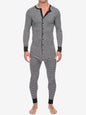 Men's Slim Striped Print Crew Neck Button Long Sleeve Trousers One Piece Pajama