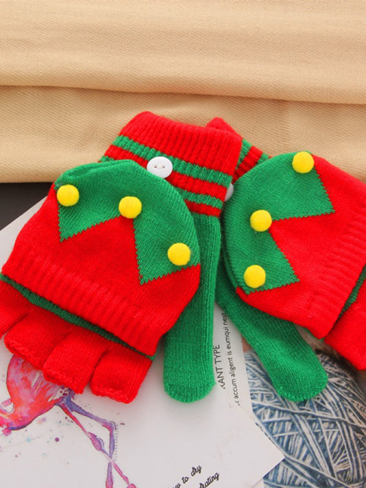 Festive Winter Knit Fingerless Gloves Women