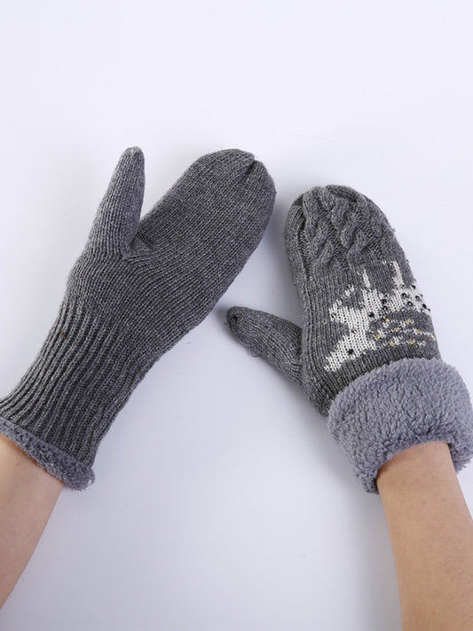 Women's Christmas Fawn Hot Diamond Wool Tie Warm Gloves