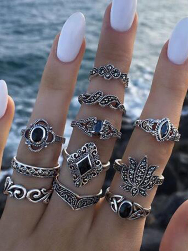 Jewelry 15-piece ring personality hollow lotus sunflower geometric black stone set ring