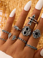 Jewelry 15-piece ring personality hollow lotus sunflower geometric black stone set ring