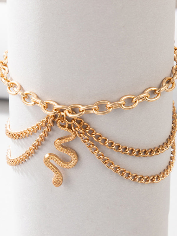 Gold heart-shaped chain anklet tassel snake-shaped pendant three-layer anklet for women