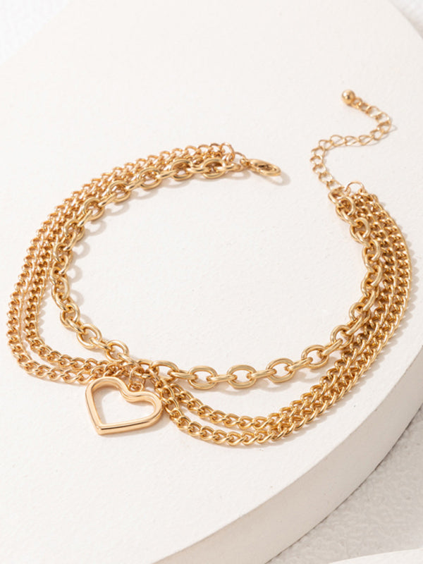 Gold heart-shaped chain anklet tassel snake-shaped pendant three-layer anklet for women