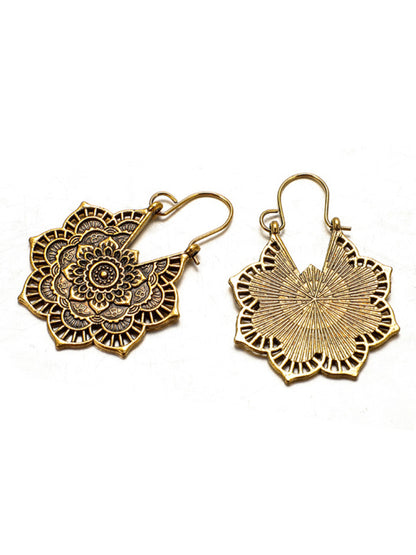 Vintage Ethnic Metal Cutout Floral Flower Earrings Bohemian Carved Earrings