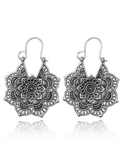 Vintage Ethnic Metal Cutout Floral Flower Earrings Bohemian Carved Earrings