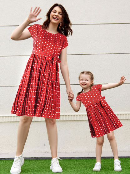 Children's clothing polka dot print short sleeve dress for mother and daughter