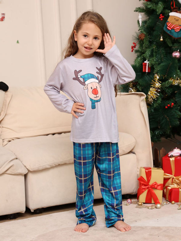 New Christmas Cartoon Deer Head Blue Plaid Round Neck Long Sleeve Parent-Child Family Pajamas Set