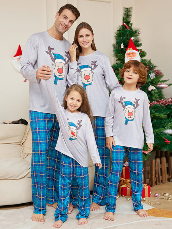 New Christmas Cartoon Deer Head Blue Plaid Round Neck Long Sleeve Parent-Child Family Pajamas Set