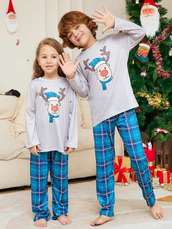 New Christmas Cartoon Deer Head Blue Plaid Round Neck Long Sleeve Parent-Child Family Pajamas Set