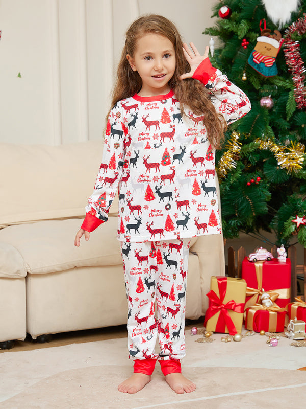 New cartoon full flower deer print parent-child Christmas pajamas home wear long-sleeved set