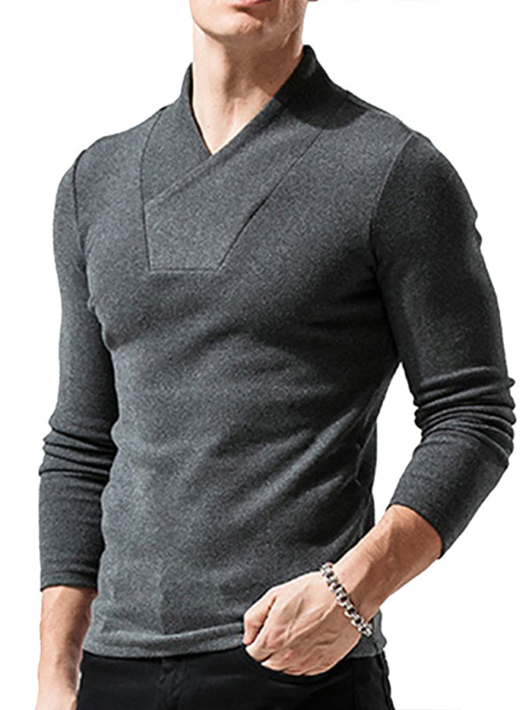 Men's Woolen V-Neck Stretchy Long Sleeve Tee