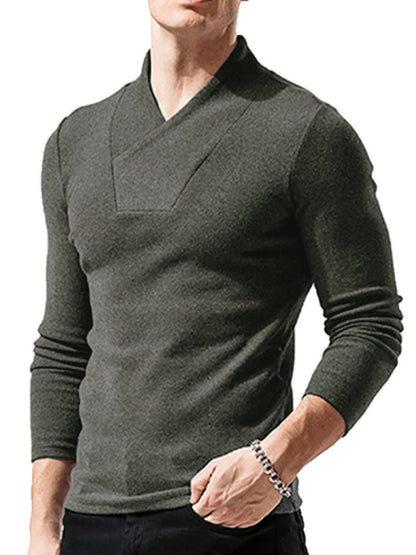 Men's Woolen V-Neck Stretchy Long Sleeve Tee