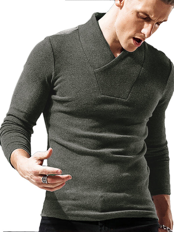 Men's Woolen V-Neck Stretchy Long Sleeve Tee