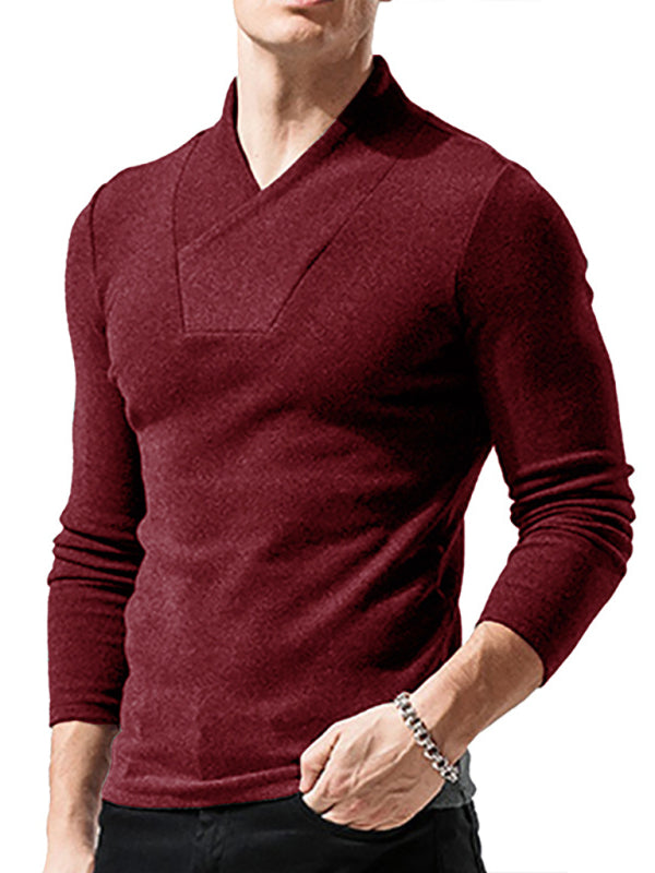 Men's Woolen V-Neck Stretchy Long Sleeve Tee