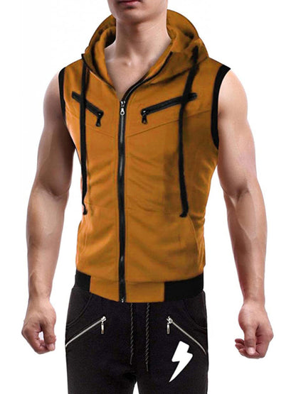 Men's Hooded Sleeveless Vest Solid Color Casual Slim Vest