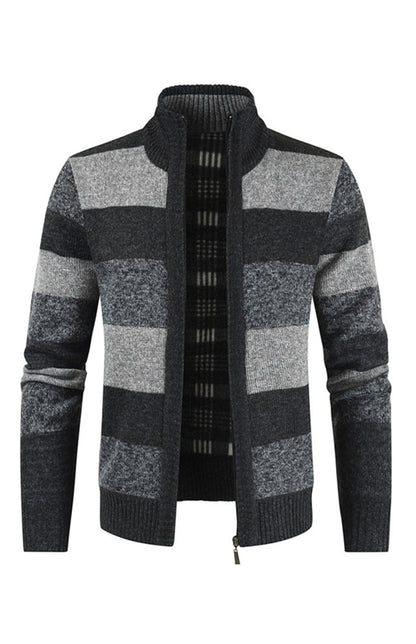 Men's New Sweater Colorblock Standing Collar Zip Cardigan