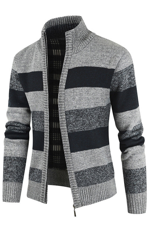 Men's New Sweater Colorblock Standing Collar Zip Cardigan