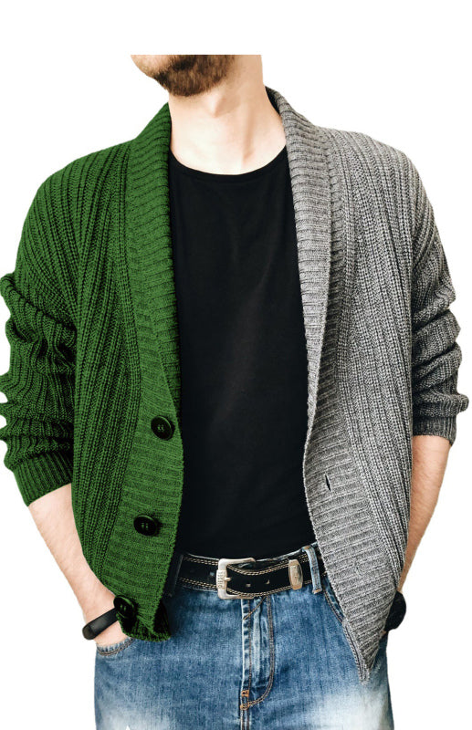 Men's Two Tone Patchwork Single Breasted Long Sleeve Sweater Cardigan