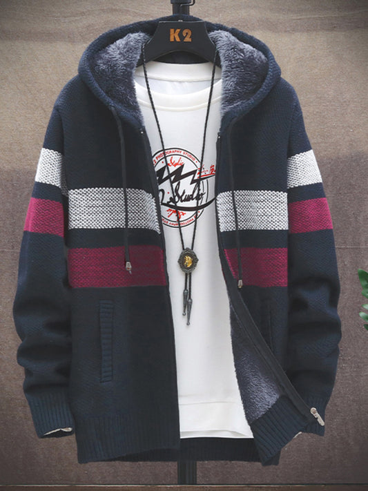 Fleece sweater cardigan Contrast color jacket youth slim fit trendy hooded jacket