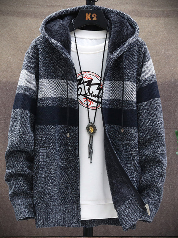 Fleece sweater cardigan Contrast color jacket youth slim fit trendy hooded jacket