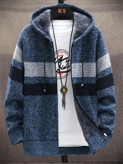 Fleece sweater cardigan Contrast color jacket youth slim fit trendy hooded jacket