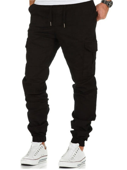 Men's Solid Color Cargo Pocket Drawstring Casual Trousers