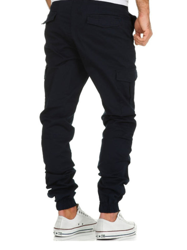 Men's Solid Color Cargo Pocket Drawstring Casual Trousers