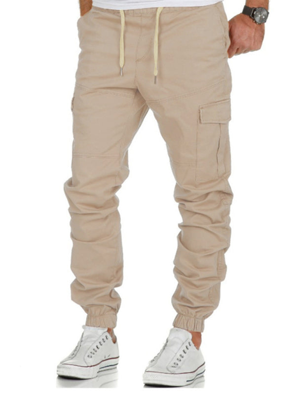 Men's Solid Color Cargo Pocket Drawstring Casual Trousers