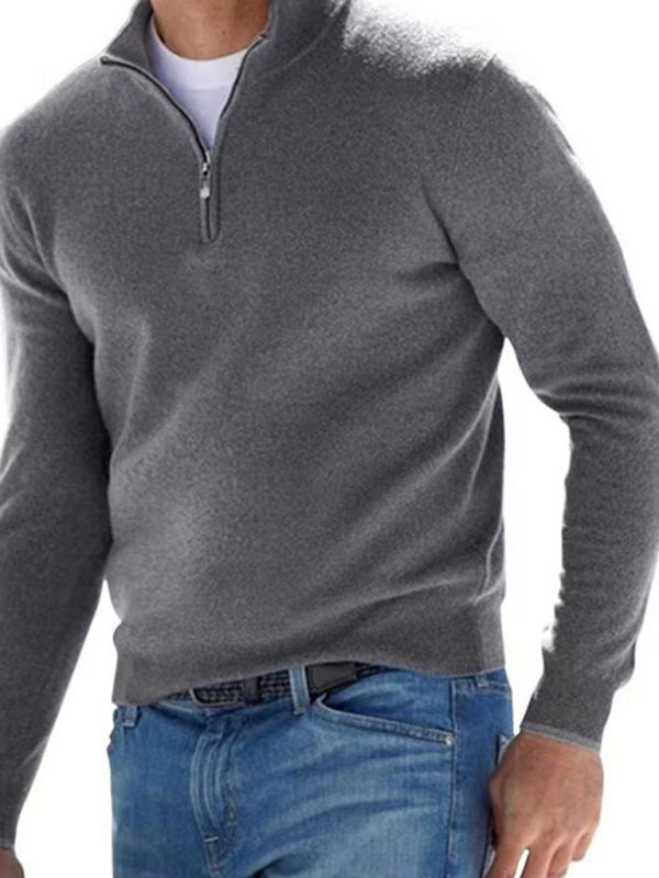 Long Sleeve V Neck Wool Fleece Zipper Men's Casual Top Polo Shirt