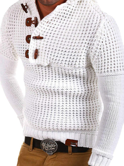 Men's Solid Color Lapel Collar Diagonal Button Horn Button Pullover Sweater