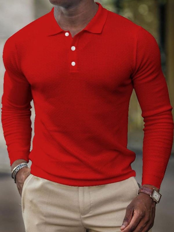 Men's solid-color button-down long-sleeve polo shirt