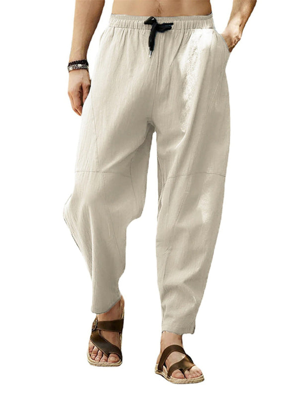 Men's casual loose cotton and linen drawstring hip-hop lantern pencil pants