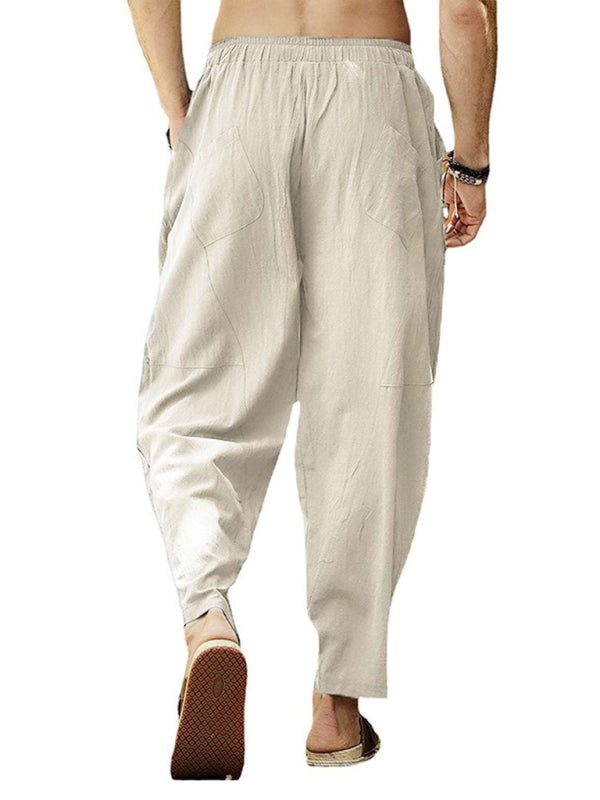 Men's casual loose cotton and linen drawstring hip-hop lantern pencil pants