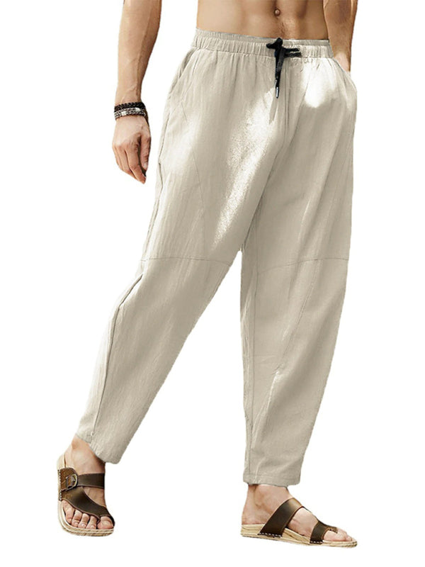 Men's casual loose cotton and linen drawstring hip-hop lantern pencil pants