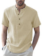 Men's Woven Casual Stand Collar Linen Short Sleeve Shirt