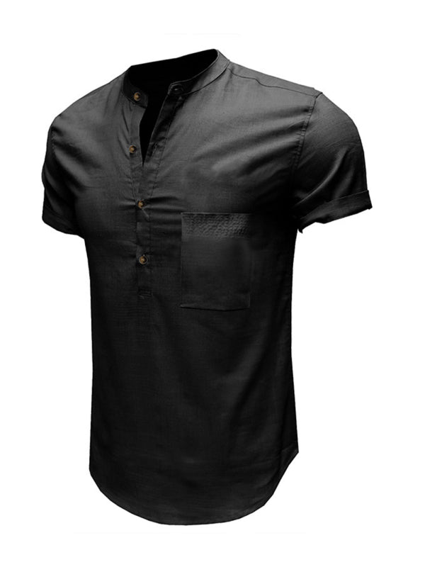 Men's Woven Casual Stand Collar Linen Short Sleeve Shirt