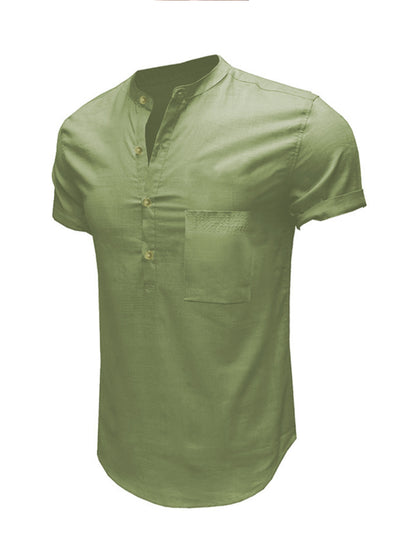 Men's Woven Casual Stand Collar Linen Short Sleeve Shirt