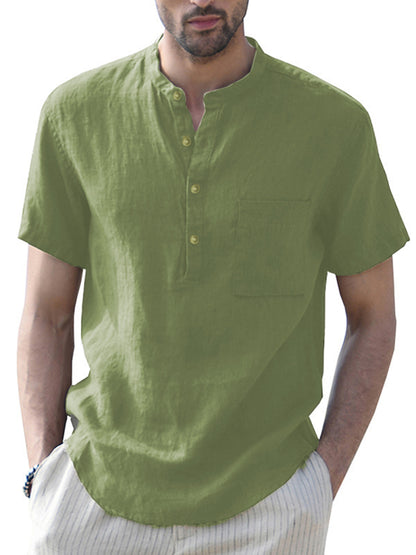 Men's Woven Casual Stand Collar Linen Short Sleeve Shirt