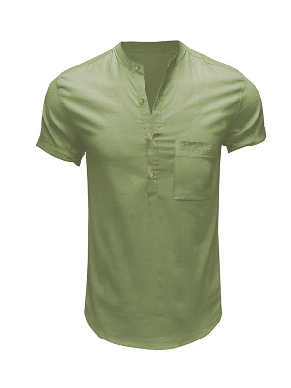 Men's Woven Casual Stand Collar Linen Short Sleeve Shirt