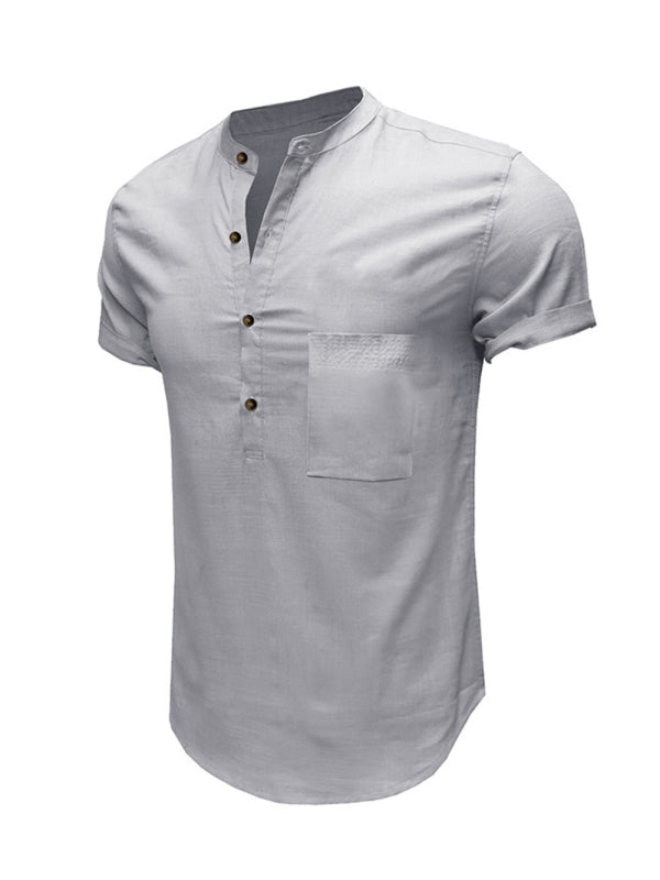 Men's Woven Casual Stand Collar Linen Short Sleeve Shirt