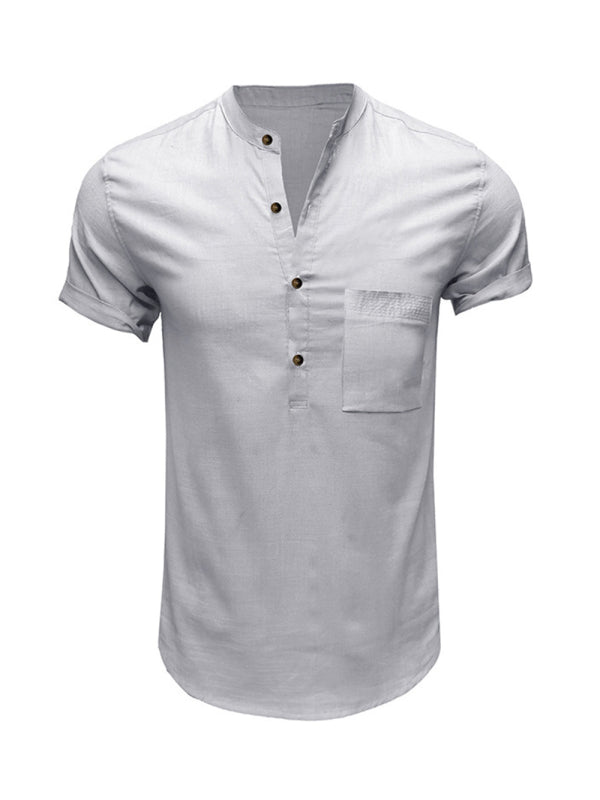 Men's Woven Casual Stand Collar Linen Short Sleeve Shirt